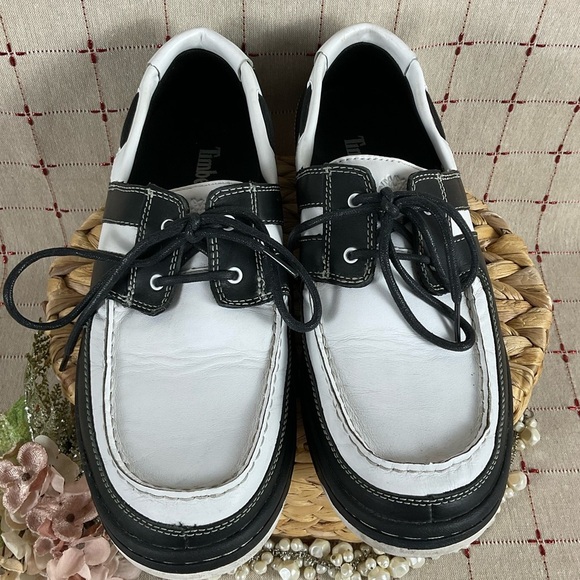 Timberland Boat Shoes Mens Size 11.5 Black & White Leather Deck Shoes PreLoved - Picture 2 of 10